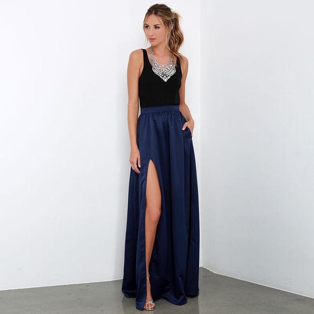 blue maxi skirt navy blue long maxi skirt sexy split zipper waist floor length women skirts  vintage LZVFXYF