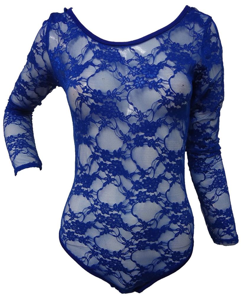 blue tops new ladies royal blue long sleeved lace body suits leotard tops 8 10 12 14 UZDFGMX