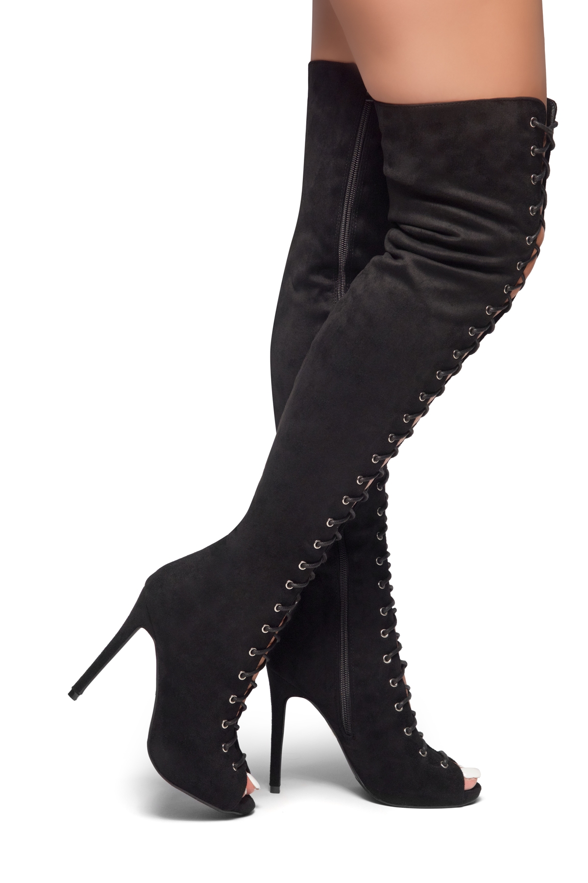 boots heels herstyle mirucia-lace up, peep toe, stiletto heel, thigh high boots (black) GXDCPZB
