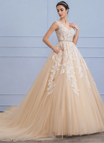 color wedding dresses ball-gown scoop neck cathedral train tulle lace wedding dress with beading XFLWSXM