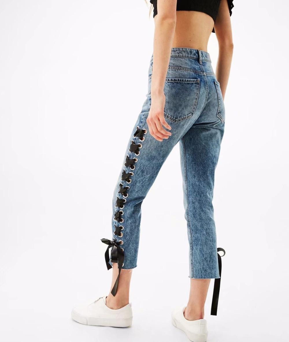 Cool Summer Pants 2018 wholesale cool womens jeans summer sexy sides lace up bow tie denim  capris WODJAXR