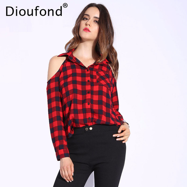 dioufond spring red plaid off shoulder tops shirts for women long sleeve  blouse sexy CDSRTFY