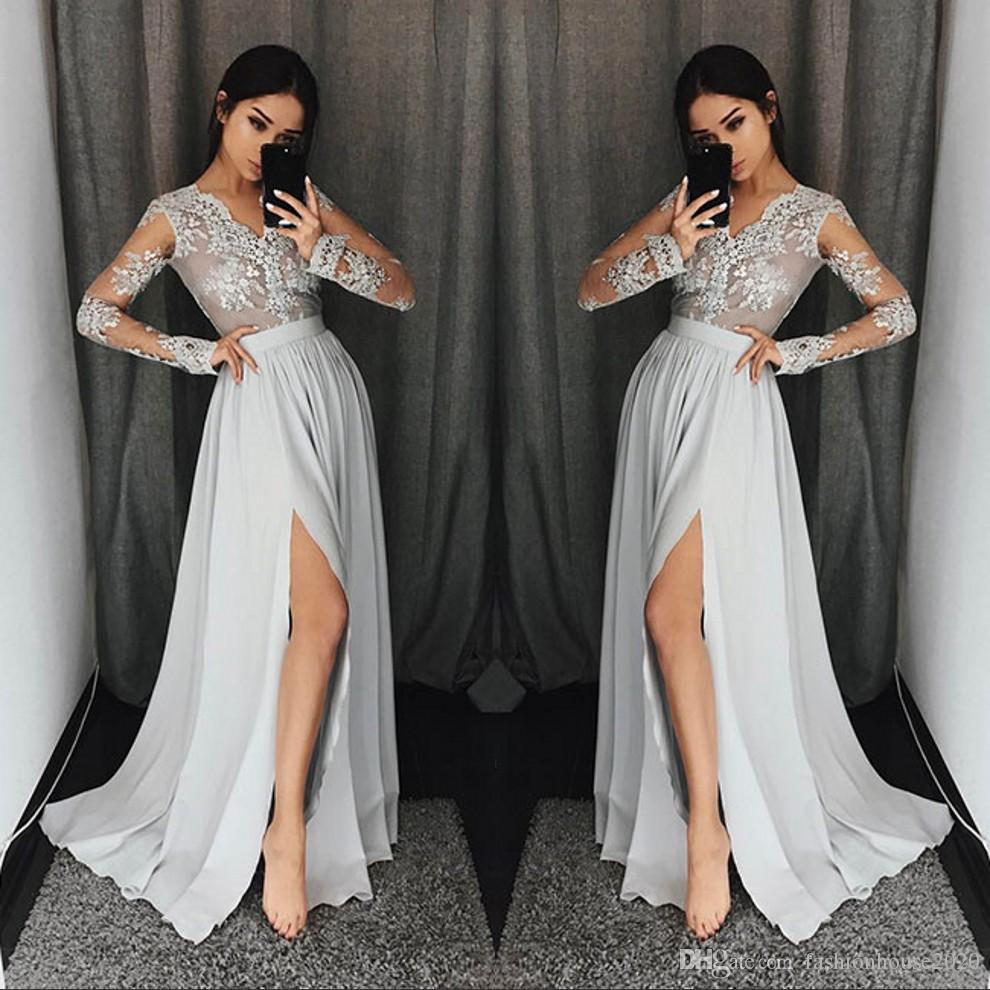 formal dresses silver grey long sleeve prom dresses long v neck appliques lace formal  party gowns PTXCXRF