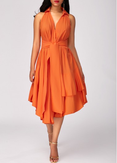 layered high waist asymmetric hem orange dress NHYWILW