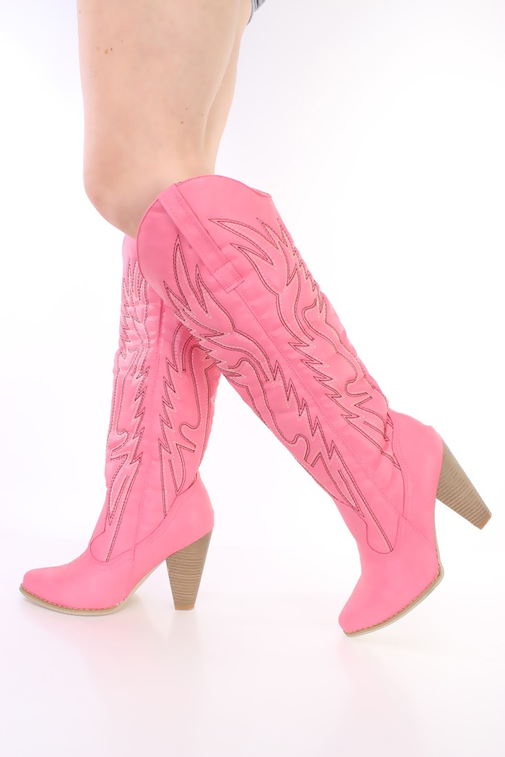 Pink Cowboy Boots pink stitched knee high cowboy boots faux leather GJWASJD