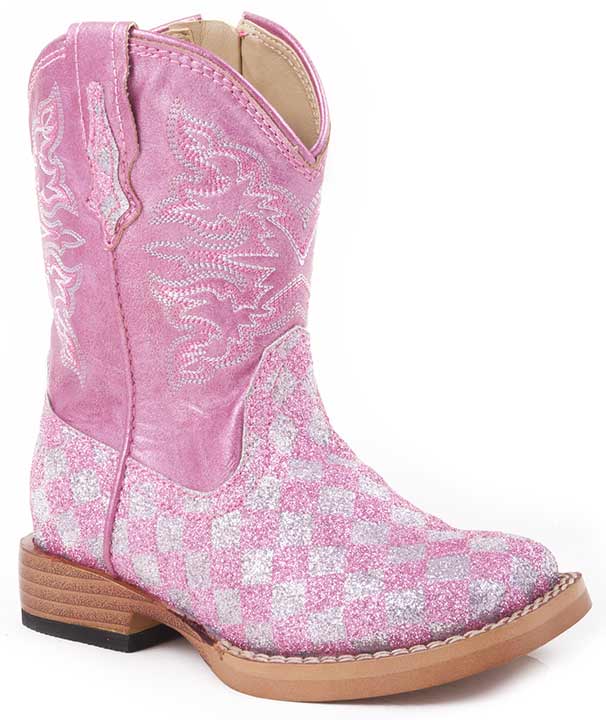 Pink Cowboy Boots roper kidu0027s bling checkerboard square toe cowboy boots - pink DYTKLDX