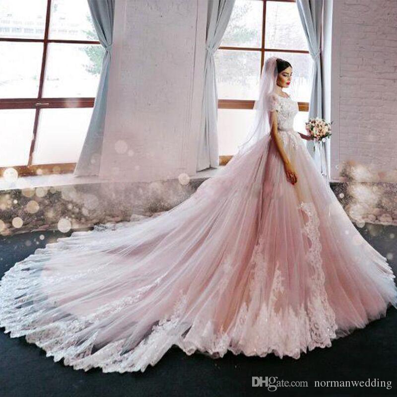 Pink Wedding Dresses discount luxury blush pink wedding dresses 2017 off the shoulder cap  sleeves lace wedding QJNKIUM