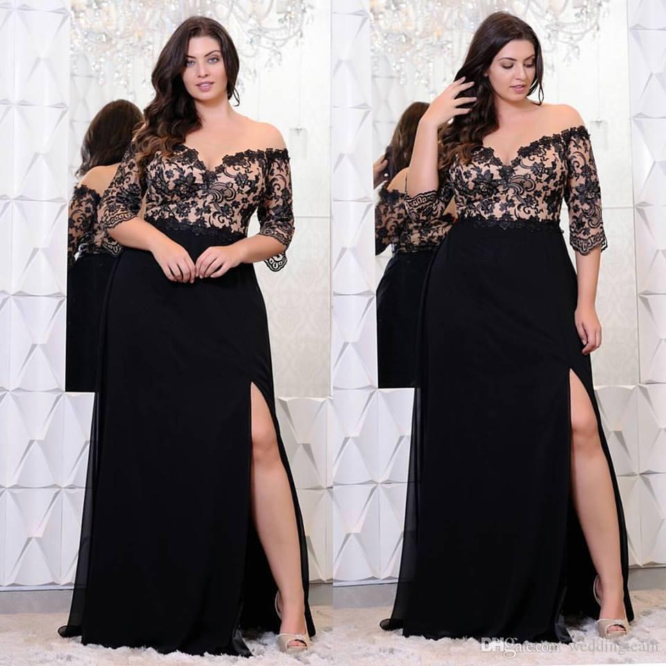 plus size dresses black lace plus size prom dresses with half sleeves off the shoulder v neck LVQKQSP