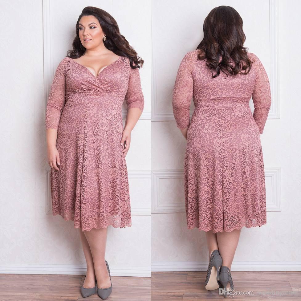 plus size dresses stunning plus size lace formal dresses with long sleeves v neck knee length  evening SKLXNUJ
