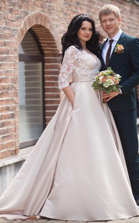 Plus Size Wedding Dress v-neck illusion long sleeve a-line satin appliqued plus size wedding dress  ... XACGGHY