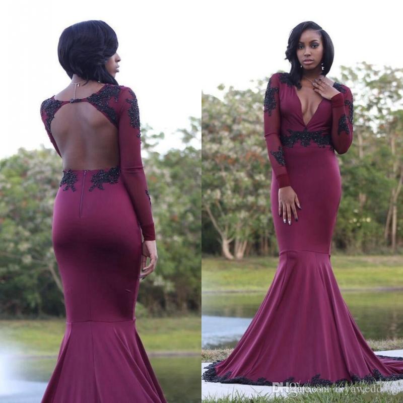 Promdress 2019 sexy deep v neck prom dresses 2018 2019 burgundy mermaid long sleeves  evening gowns OLVMLGE