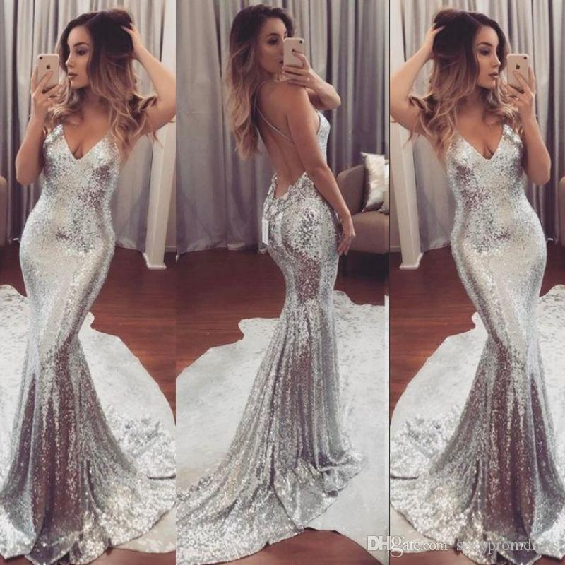 Promdress 2019 shining silver sequined prom dresses sexy backless mermaid evening gowns  2018 2019 sweep train LJSKRYV