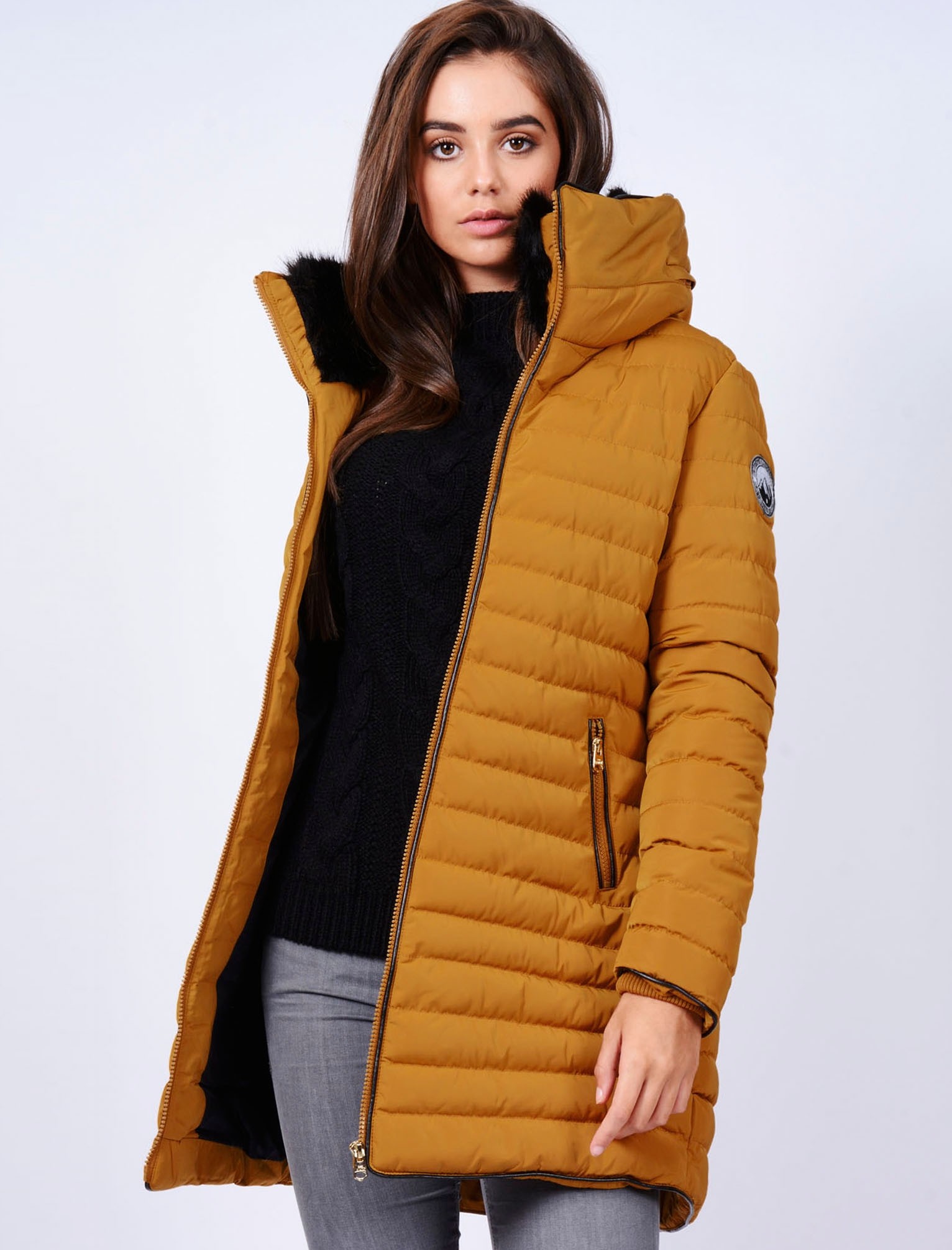 Puffer Coat elva longline quilted puffer coat in mustard - tokyo laundry FBZNTAQ