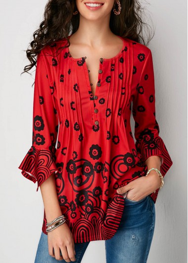 Red Blouse flare sleeve pleated button detail red blouse XYHQANB