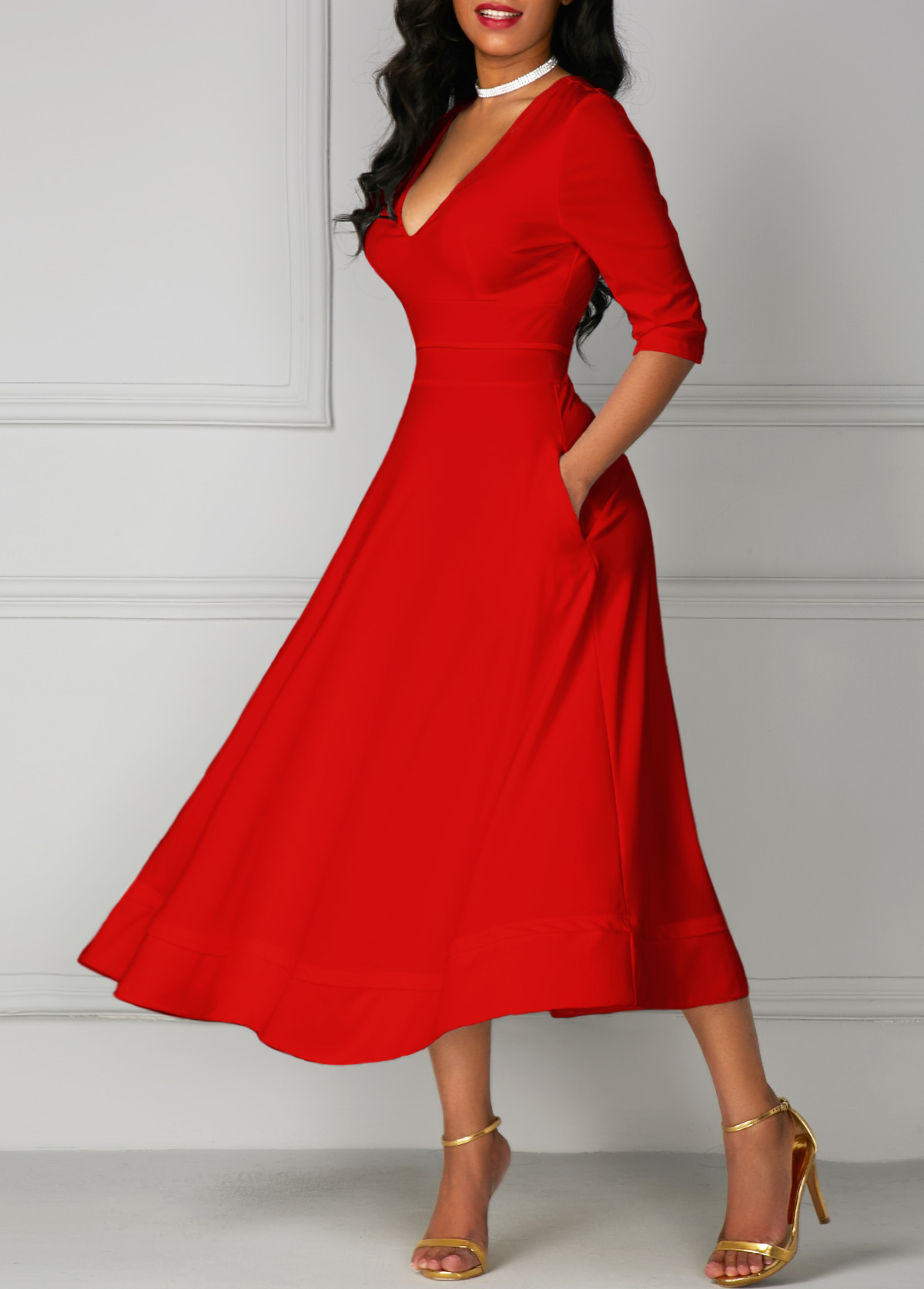 Red Dress v neck high waist half sleeve red dress CIODTJR