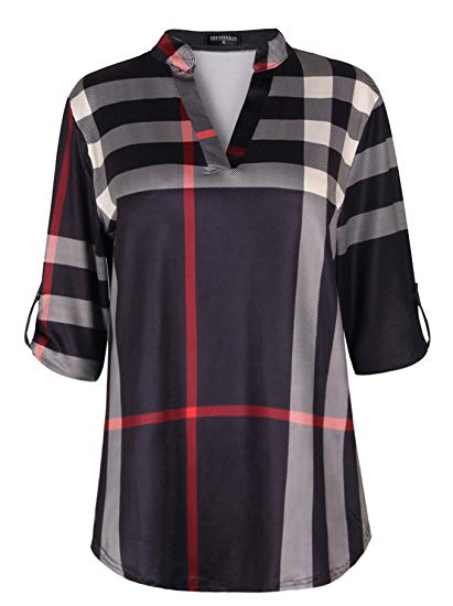 sheshares plaid shirts for women plus size tops v neck roll tab sleeve  blouse, DIOKPRY