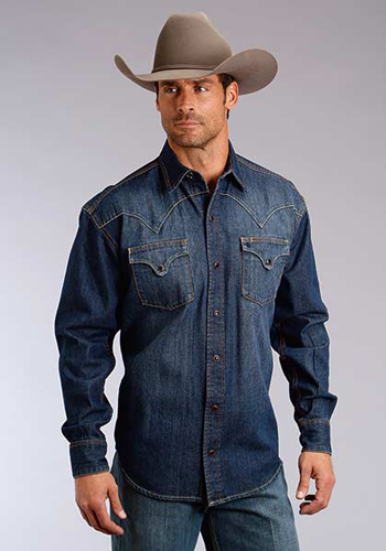 Western Wear stetson denim long sleeve snap front western shirt - dark blue - menu0027s  western VCIABJY