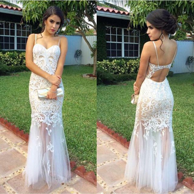 White Lace Prom Dress sexy white lace prom dresses with spaghetti straps white mermaid long prom  dress for YQYXZPK