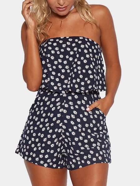 Womens Playsuits navy random floral print strapless playsuit CWRUUYB
