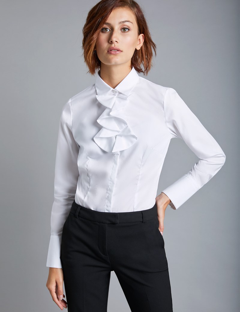 Womens White Shirts womenu0027s white fitted shirt with neck frill detail - single cuff OUMSMZR
